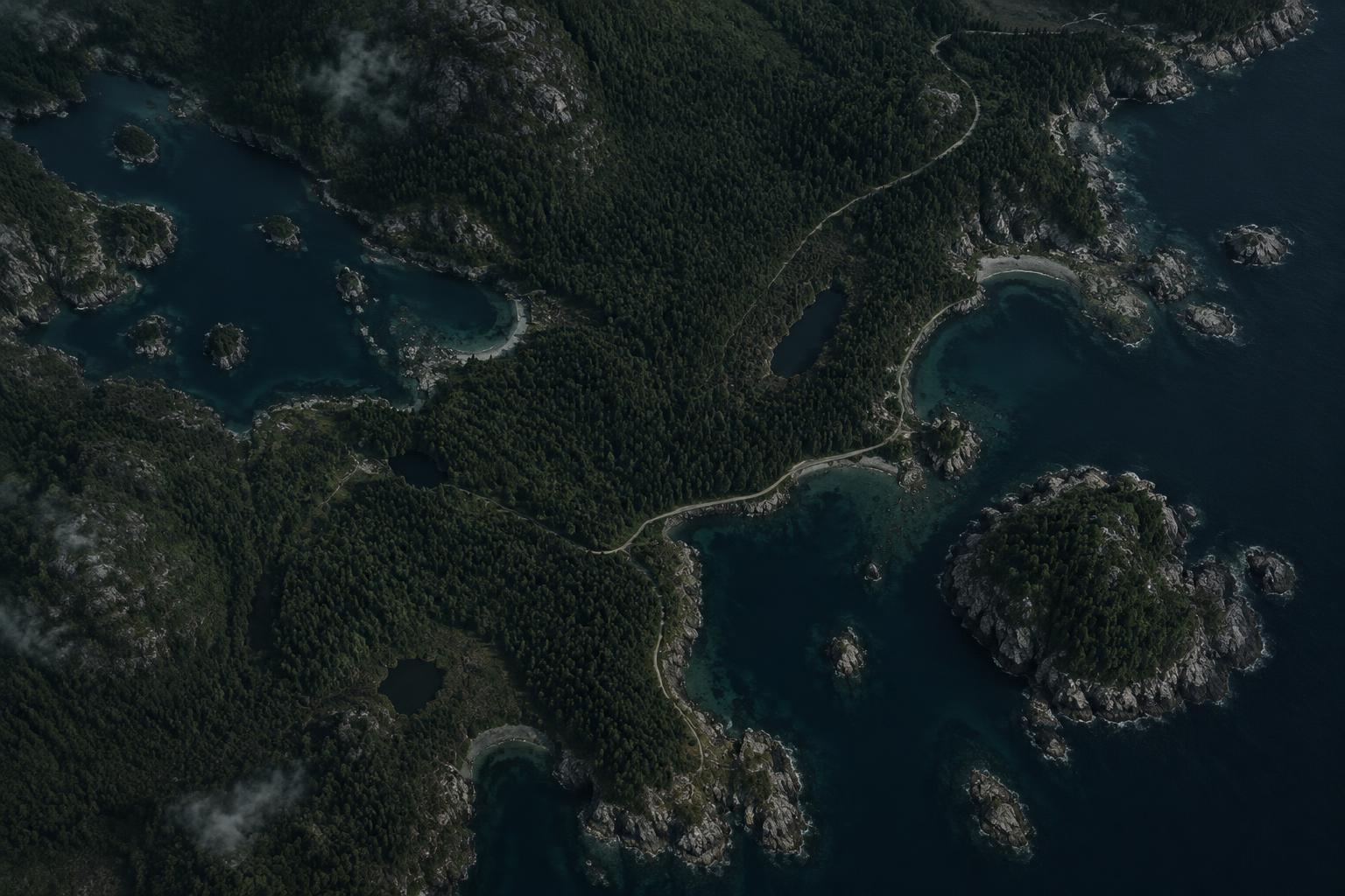 Aerial view of rugged island terrain